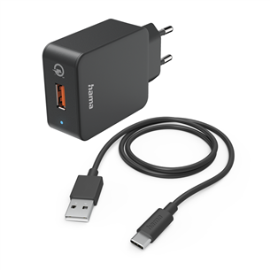 Hama Quick Charger With USB-C cable, 19,5 W, 1,5 m, melna - Strāvas adapteris 00201625