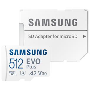 Samsung EVO Plus, microSDXC, 512 GB, adapteris, balta - Atmiņas karte