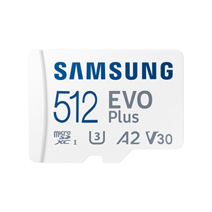 Samsung EVO Plus, microSDXC, 512 GB, adapteris, balta - Atmiņas karte