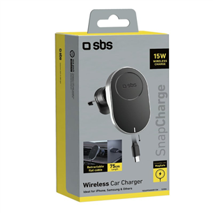 SBS 15W Car Holder, Magsafe, izvelkams vads, melna - Bezvadu auto lādētājs