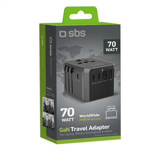 SBS GaN universal travel adapter, 70 W, black - Power adapter