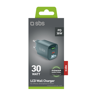 SBS LCD Wall Charger, USB-A, USB-C, LCD, 30 W, light blue - Wall charger