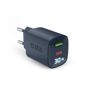 SBS LCD Wall Charger, USB-A, USB-C, LCD, 30 W, zila - Lādētājs TETRGANLCD1USB1C30B