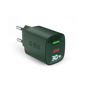 SBS LCD Wall Charger, USB-A, USB-C, LCD, 30 Вт, зеленый - Зарядное устройство TETRGANLCD1USB1C30G