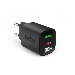 SBS LCD Wall Charger, USB-A, USB-C, LCD, 30 W, melna - Lādētājs TETRGANLCD1USB1C30K