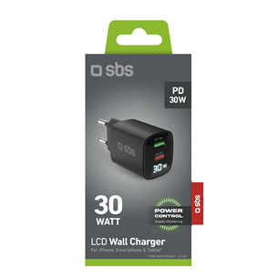 SBS LCD Wall Charger, USB-A, USB-C, LCD, 30 W, black - Wall charger