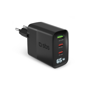 SBS LCD Wall Charger, USB-A, 2x USB-C, LCD, 65 W, melna - Lādētājs TETRGANLCD1USB2C65K