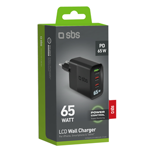 SBS LCD Wall Charger, USB-A, 2x USB-C, LCD, 65 W, black - Wall charger